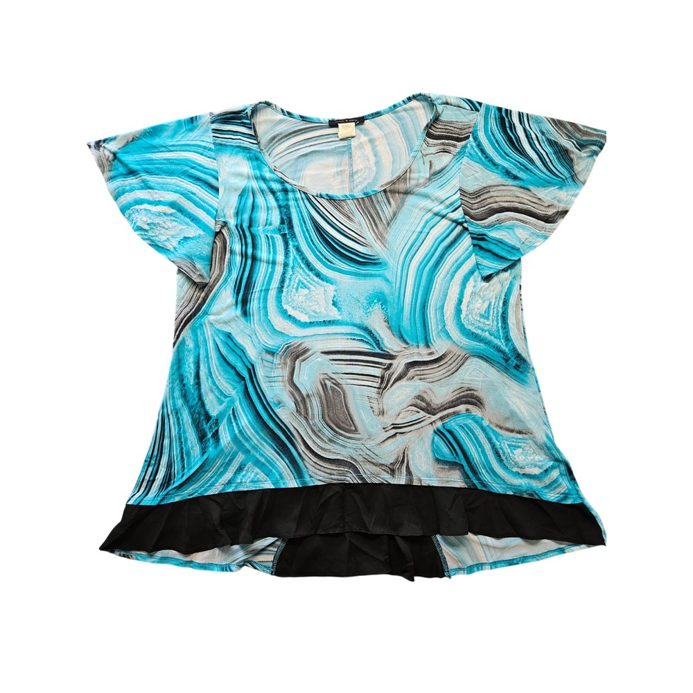 Jennie & Marlis Women XL Blue Agate Marble Print Split Back Ruffle Hem Top